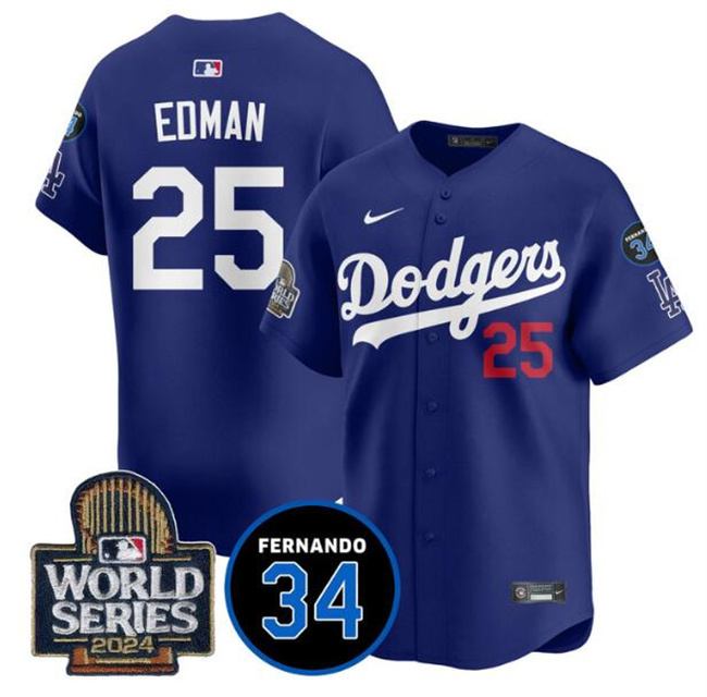 Los Angeles Dodgers #25 Tommy Edman Royal 2024 World Series With Fernando Memorial Patch Alternate Limited Stitched Baseball Jersey Los Angeles Dodgers #25 Tommy Edman Royal 2024 World Series With Fernando Memorial Patch Alternate Limited Stitched Baseball Jersey