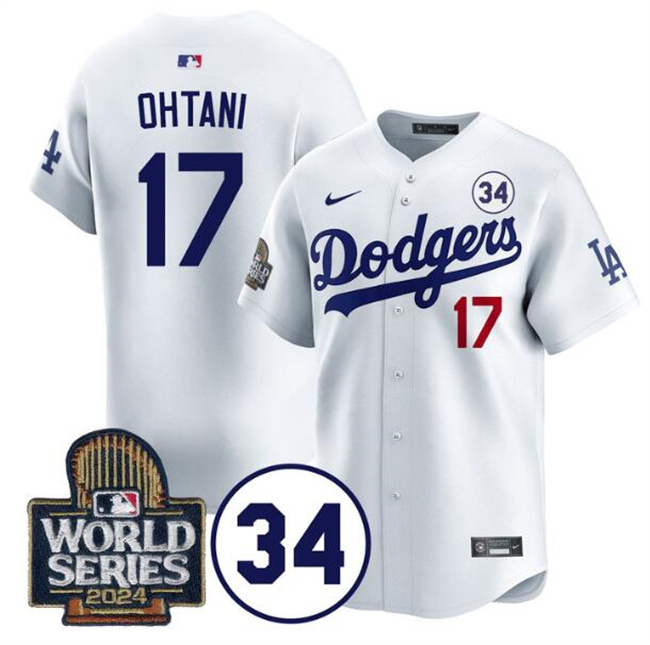 Los Angeles Dodgers #17 Shohei Ohtani White 2024 World Series With No. 34 Patch Limited Stitched Baseball Jersey