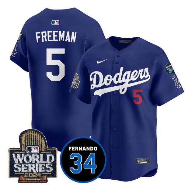 Los Angeles Dodgers #5 Freddie Freeman Royal 2024 World Series With Fernando Memorial Patch Limited Stitched Baseball Jersey