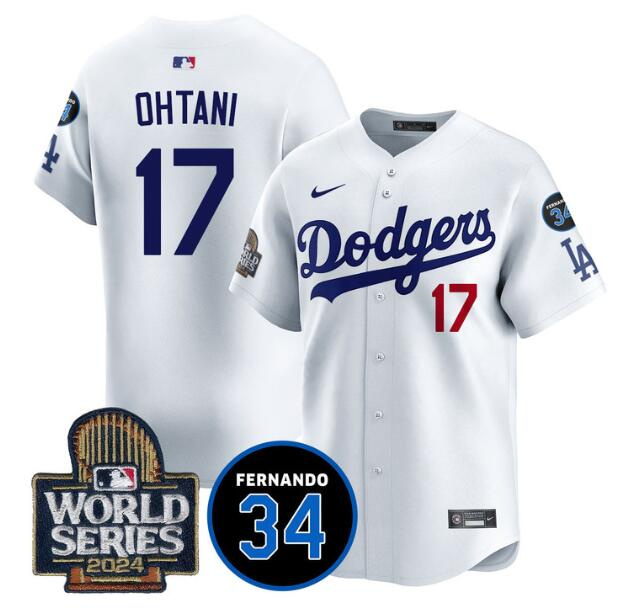 Los Angeles Dodgers #17 Shohei Ohtani White 2024 World Series With Fernando Memorial Patch Limited Stitched Baseball Jersey Los Angeles Dodgers #17 Shohei Ohtani White 2024 World Series With Fernando Memorial Patch Limited Stitched Baseball Jersey