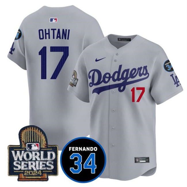 Los Angeles Dodgers #17 Shohei Ohtani Grey 2024 World Series With Fernando Memorial Patch Limited Stitched Baseball Jersey