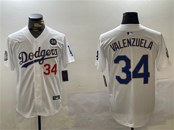 Los Angeles Dodgers #34 Toro Valenzuela White Gold 2024 World Series With No. 34 Patch Home Limited Stitched Baseball Jersey