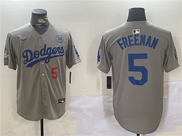 Los Angeles Dodgers #5 Freddie Freeman Gray 2024 World Series With No. 34 Patch Limited Stitched Baseball Jersey