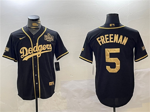 Los Angeles Dodgers #5 Freddie Freeman Black Gold 2024 World Series Patch And Champions Patch Cool Base Stitched Baseball Jersey