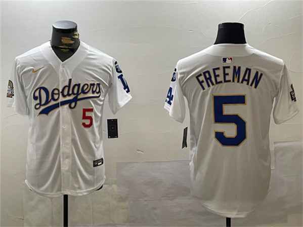 Los Angeles Dodgers #5 Freddie Freeman White Gold 2024 World Series With Fernando Memorial Patch Home Limited Stitched Baseball Jersey