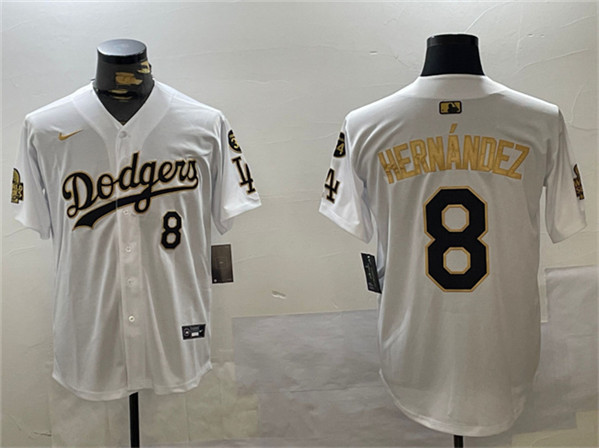 Los Angeles Dodgers #8 Enrique Hern??ndez White Gold 2024 World Series With Fernando Memorial Patch Home Limited Stitched Baseball Jersey
