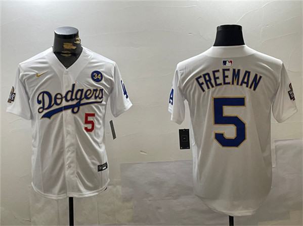 Los Angeles Dodgers #5 Freddie Freeman White Gold 2024 World Series With No. 34 Patch Home Limited Stitched Baseball Jersey