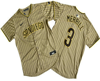 San Diego Padres #3 Jackson Merrill Khaki Pinstripe Limited Stitched Jersey San Diego Padres #3 Jackson Merrill Khaki Pinstripe Limited Stitched Jersey