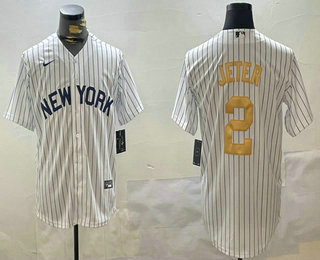 New York Yankees #2 Derek Jeter White Pinstripe Name Fashion Cool Base Jersey