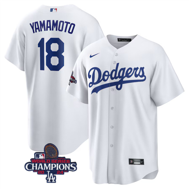 Los Angeles Dodgers #18 Yoshinobu Yamamoto White 2024 World Series Champions Cool Base Stitched Baseball Jersey