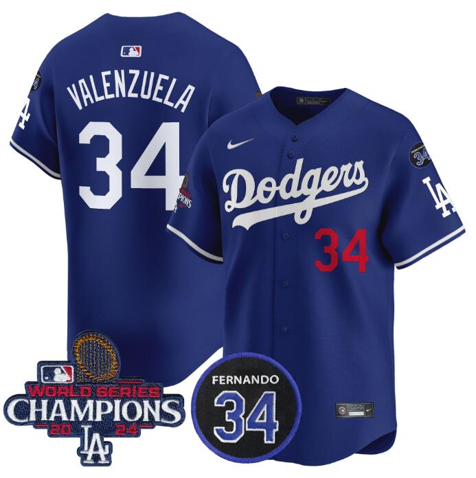 Los Angeles Dodgers Active Player Cuatom Royal 2024 World Series Champions With Fernando Memorial Patch Alternate Limited Stitched Baseball Jersey