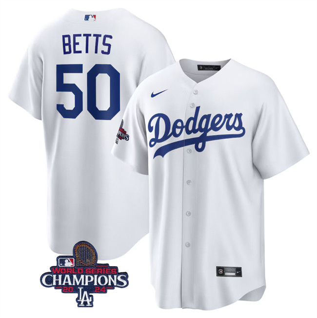Los Angeles Dodgers #50 Mookie Betts White 2024 World Series Champions Cool Base Stitched Baseball Jersey