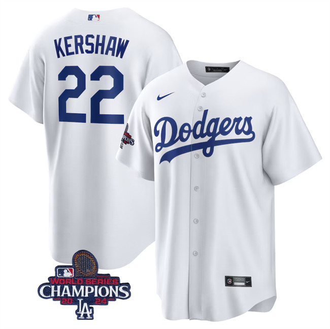 Los Angeles Dodgers #22 Clayton Kershaw White 2024 World Series Champions Cool Base Stitched Baseball Jersey