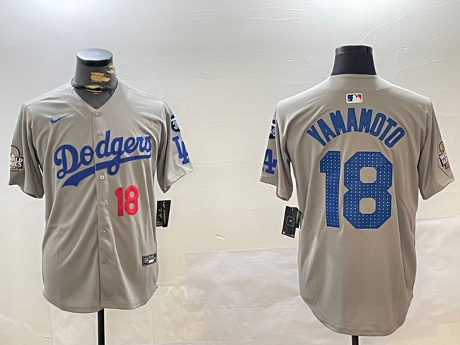 Los Angeles Dodgers #18 Yoshinobu Yamamoto Grey 2024 World Series With Fernando Memorial Patch Limited Stitched Baseball Jersey