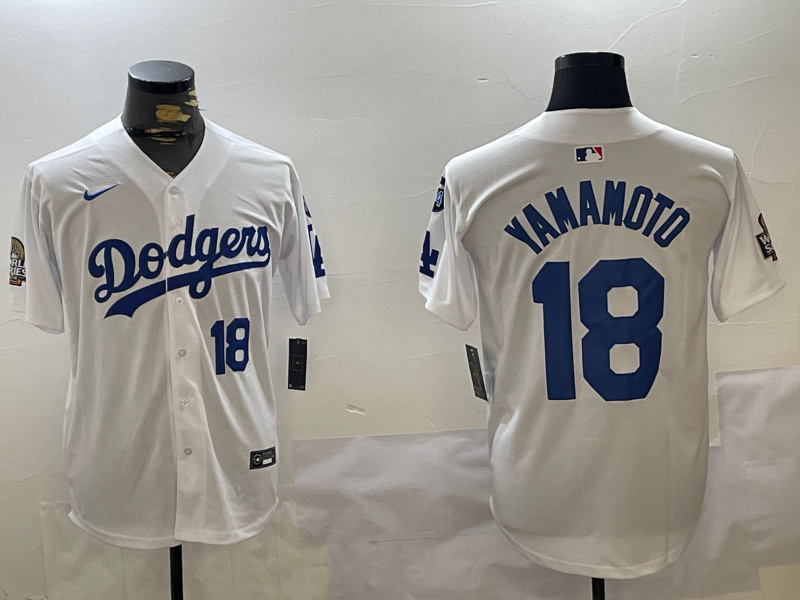 Los Angeles Dodgers #18 Yoshinobu Yamamoto White 2024 World Series With Fernando Memorial Patch Home Limited Stitched Baseball Jersey
