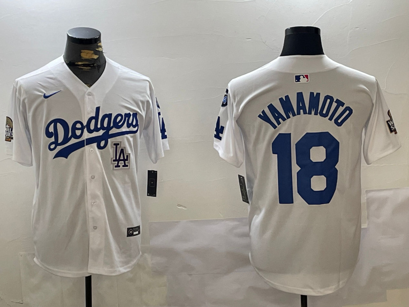 Los Angeles Dodgers #18 Yoshinobu Yamamoto White 2024 World Series With Fernando Memorial Patch Home Limited Stitched Baseball Jersey