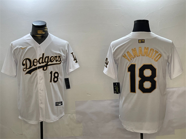 Los Angeles Dodgers #18 Yoshinobu Yamamoto White Gold Home Limited Stitched Baseball Jersey