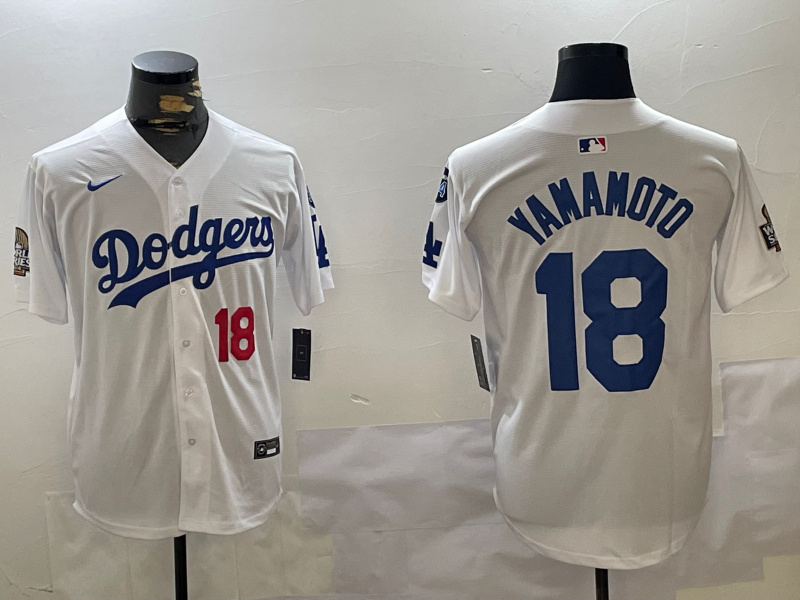 Los Angeles Dodgers #18 Yoshinobu Yamamoto White 2024 World Series With Fernando Memorial Patch Home Limited Stitched Baseball Jerseys