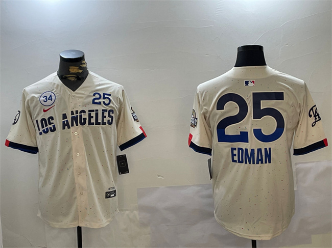 Los Angeles Dodgers #25 Tommy Edman Cream 2024 World Series With No. 34 Patch City Connect Limited Stitched Baseball Jersey Los Angeles Dodgers #25 Tommy Edman Cream 2024 World Series With No. 34 Patch City Connect Limited Stitched Baseball Jersey