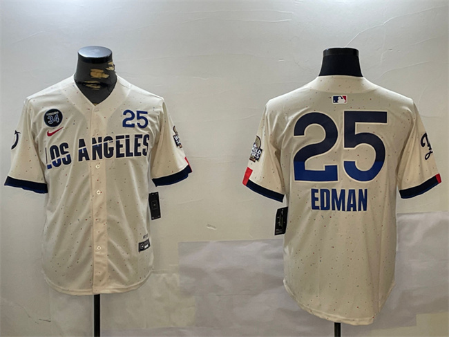 Los Angeles Dodgers #25 Tommy Edman Cream 2024 World Series With Fernando Memorial Patch City Connect Limited Stitched Baseball Jersey Los Angeles Dodgers #25 Tommy Edman Cream 2024 World Series With Fernando Memorial Patch City Connect Limited Stitched Baseball Jersey