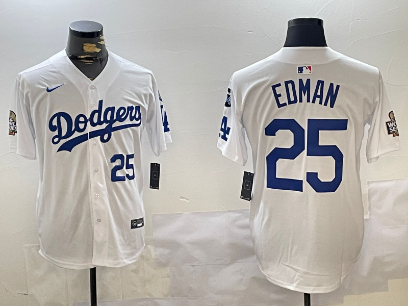 Los Angeles Dodgers #25 Tommy Edman White 2024 World Series With Fernando Memorial Patch Home Limited Stitched Baseball Jersey