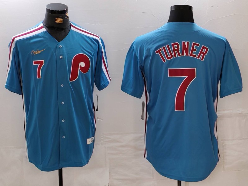 Philadelphia Phillies #7 Trea Turner Number Blue Cooperstown Throwback Cool Base Nike Jersey