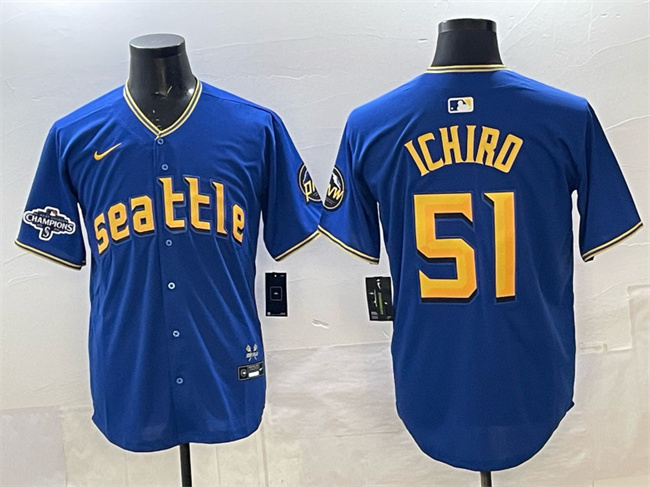 Seattle Mariners #51 Ichiro Suzuki Royal With 2025 AL West Division Champions Patch Limited Stitched jersey Seattle Mariners #51 Ichiro Suzuki Royal With 2025 AL West Division Champions Patch Limited Stitched jersey