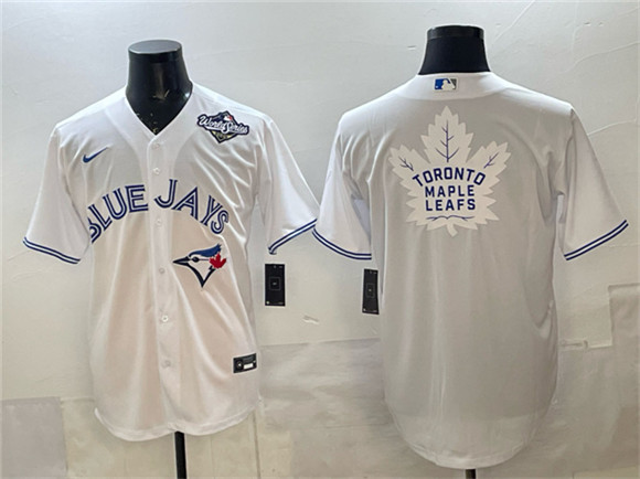 Toronto Blue Jays & Leafs White 2025 World Series With White Leafs Logo Cool Base Stitched Baseball Jersey