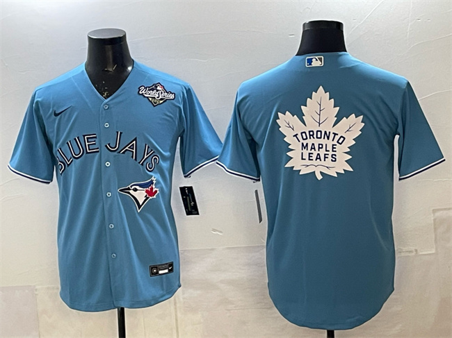Toronto Blue Jays & Leafs Blue 2025 World Series With White Leafs Logo Cool Base Stitched Baseball Jersey