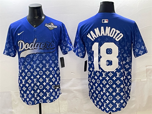 Los Angeles Dodgers #18 Yoshinobu Yamamoto Blue 2025 World Series Patch Limited Stitched Baseball Jersey