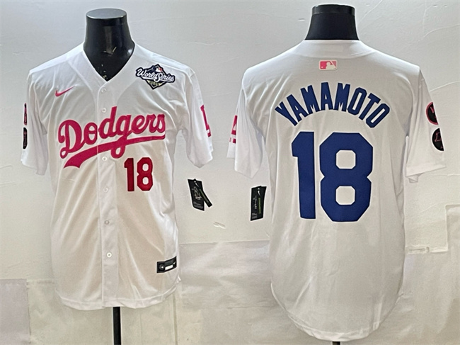 Los Angeles Dodgers #18 Yoshinobu Yamamoto White Pink 2025 World Series Vin & Kobe Patch Limited Stitched Baseball Jersey
