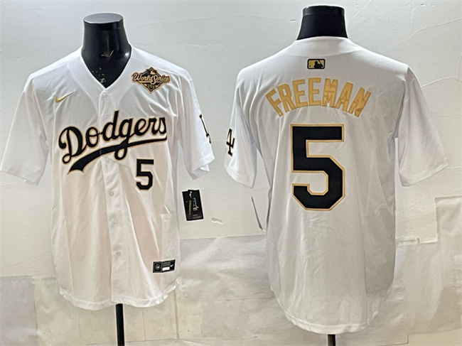 Los Angeles Dodgers #5 Freddie Freeman White Gold 2025 World Series Limited Stitched Baseball Jersey
