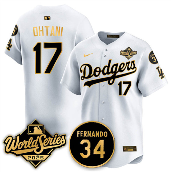 Los Angeles Dodgers #17 Shohei Ohtani White Gold 2025 World Series With No.34 Patch Limited Stitched Baseball Jersey