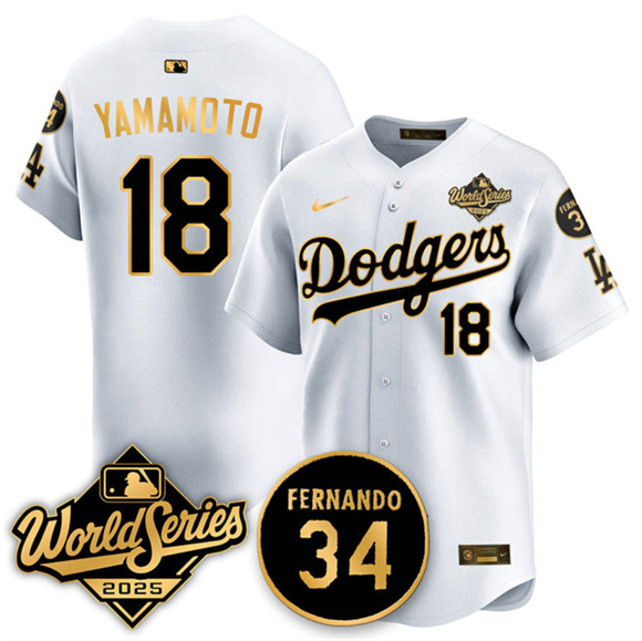 Los Angeles Dodgers #18 Yoshinobu Yamamoto White Gold 2025 World Series With No.34 Patch Limited Stitched Baseball Jersey