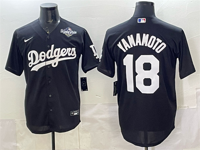 Los Angeles Dodgers #18 Yoshinobu Yamamoto Black 2025 World Series Patch Cool Base Stitched Baseball Jersey