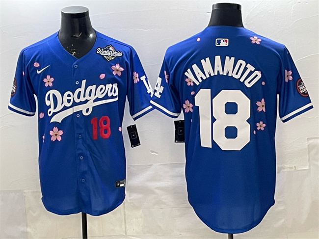 Los Angeles Dodgers #18 Yoshinobu Yamamoto Royal 2025 World Series Patch Tokyo Series Limited Stitched Baseball Jersey