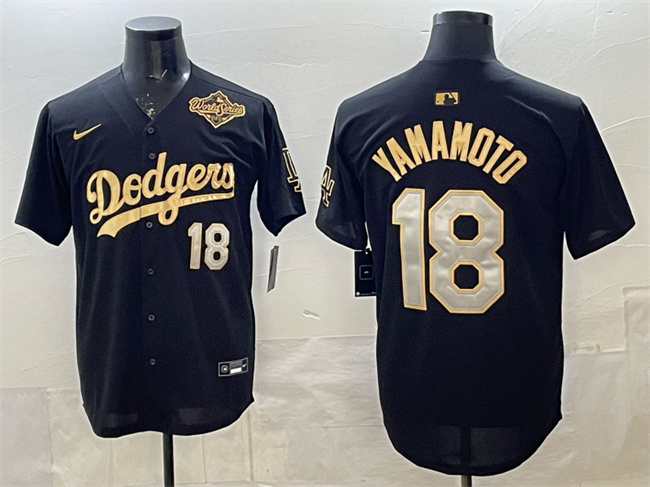 Los Angeles Dodgers #18 Yoshinobu Yamamoto Black Gold 2025 World Series Patch Limited Stitched Baseball Jersey