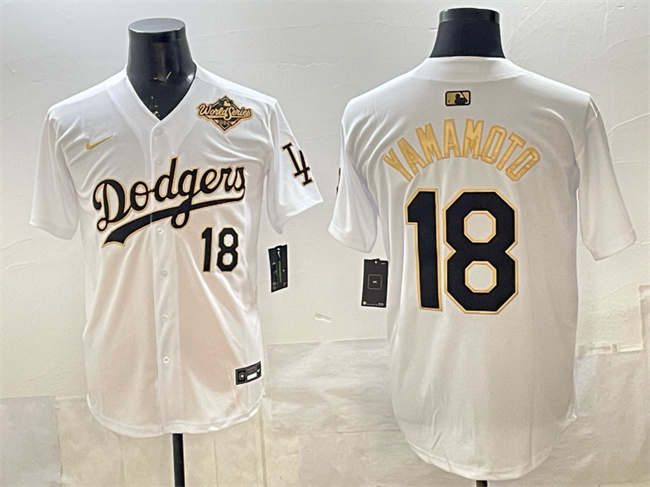 Los Angeles Dodgers #18 Yoshinobu Yamamoto White Gold 2025 World Series Patch Limited Stitched Baseball Jersey