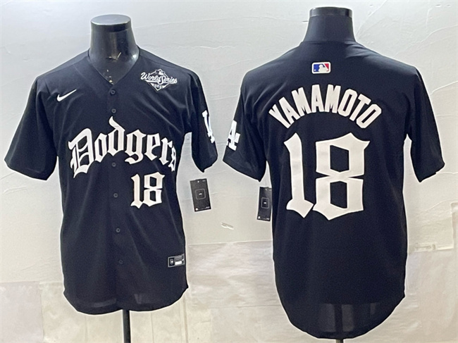 Los Angeles Dodgers #18 Yoshinobu Yamamoto Black 2025 LA Gothic Style With 2025 World Series Patch Vapor Premier Limited Stitched Baseball Jersey