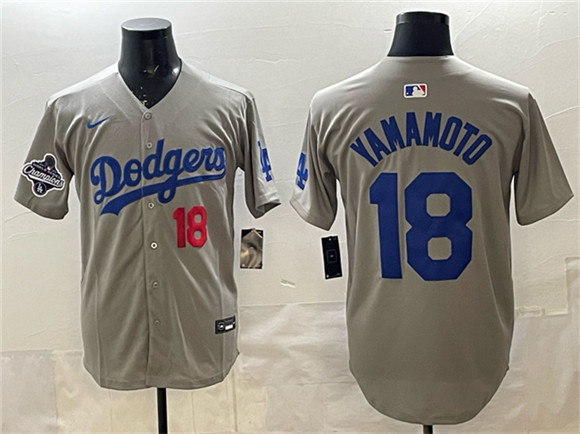 Los Angeles Dodgers #18 Yoshinobu Yamamoto Gray 2025 World Series Champions Patch Stitched Baseball Jersey