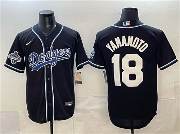 Los Angeles Dodgers #18 Yoshinobu Yamamoto Black 2025 World Series Champions Patch Cool Base Stitched Baseball Jersey