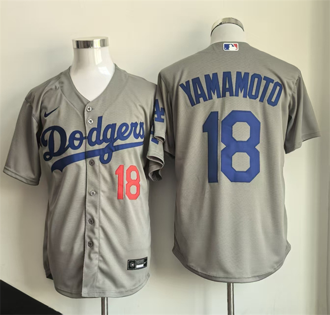 Los Angeles Dodgers #18 Yoshinobu Yamamoto Gray Cool Base Stitched Baseball Jersey