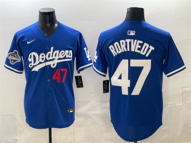 Los Angeles Dodgers #47 Ben Rortvedt Royal 2025 World Series Champions Patch Limited Stitched Baseball Jersey