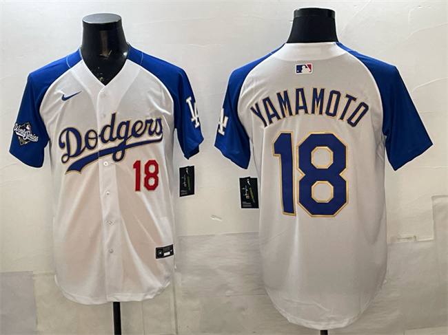 Los Angeles Dodgers #18 Yoshinobu Yamamoto White Royal 2025 World Series Patch Limited Stitched Baseball Jersey