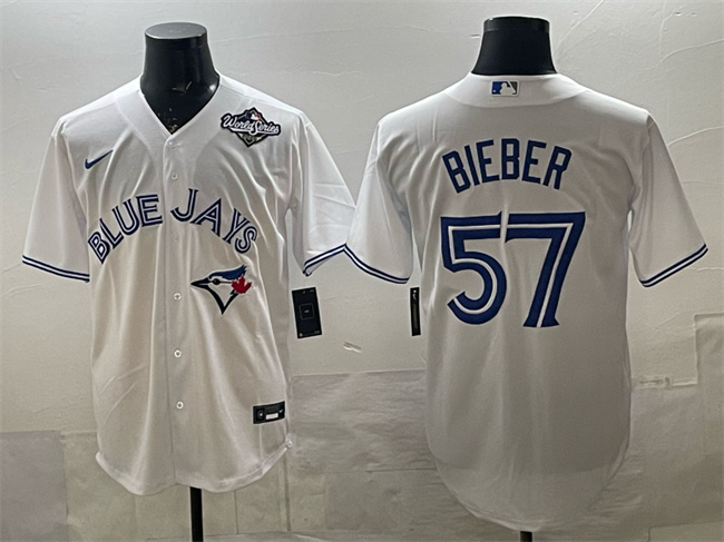 Toronto Blue Jays #57 Shane Bieber White 2025 World Series Home Cool Base Stitched Baseball Jersey