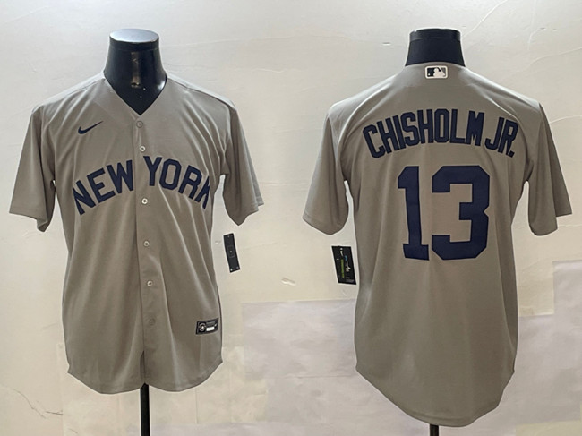New York Yankees #13 Jazz Chisholm Jr. Grey Cool Base Stitched Baseball Jersey New York Yankees #13 Jazz Chisholm Jr. Grey Cool Base Stitched Baseball Jersey