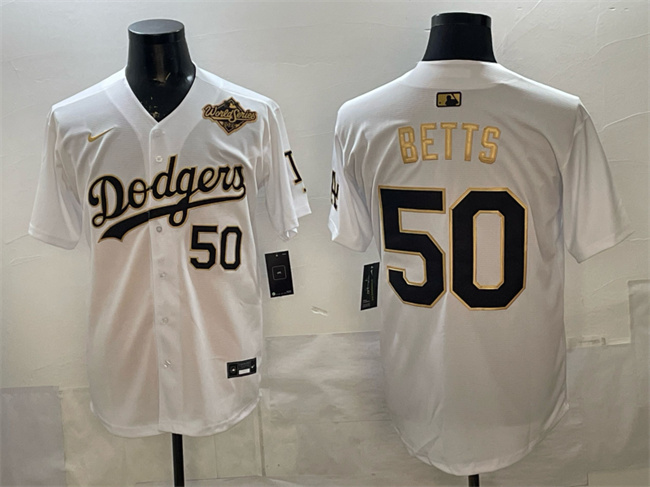 Los Angeles Dodgers #50 Mookie Betts White Gold 2025 World Series Patch Limited Stitched Baseball Jersey