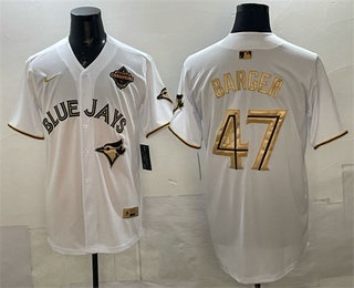 Toronto Blue Jays #47 Addison Barger White Gold 2025 American League Champions Limited Stitched Jersey Toronto Blue Jays #47 Addison Barger White Gold 2025 American League Champions Limited Stitched Jersey