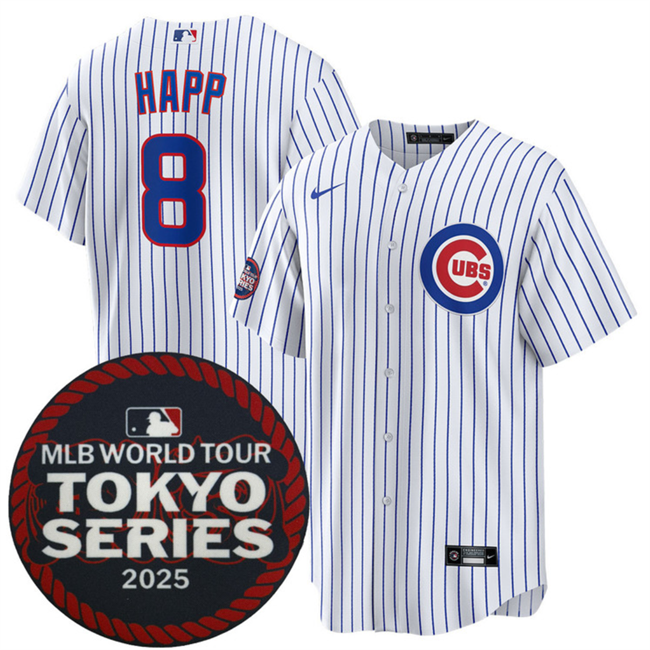 Chicago Cubs #8 Ian Happ White 2025 World Tour Tokyo Series Home Stitched Baseball Jersey