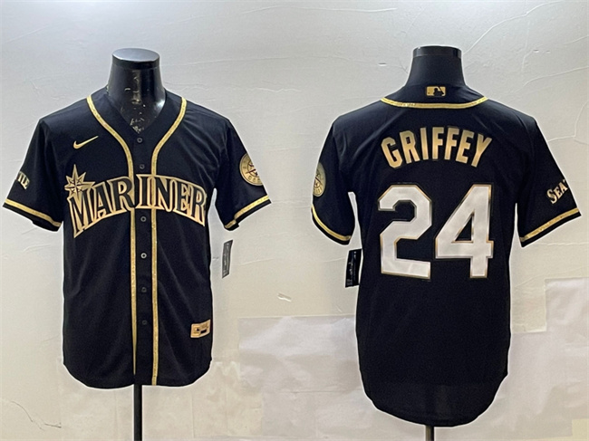 Seattle Mariners #24 Ken Griffey Jr. Black Gold Cool Base Stitched Baseball Jersey